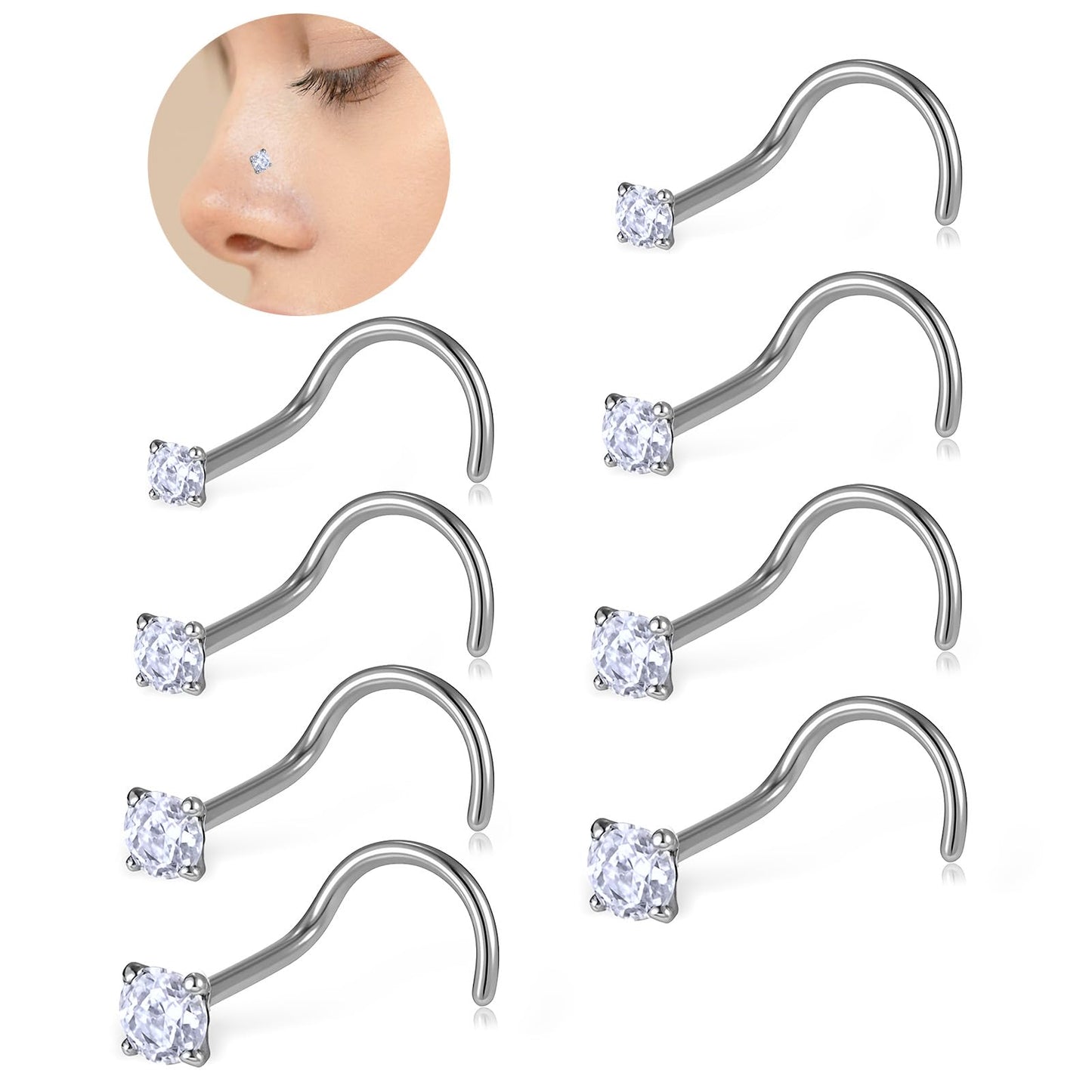 Tucnoeu 8pcs Nose Rings Stud Surgical Steel Nose Studs Silver Corkscrew Noses Studs Jewelry for Women Men,Top Size 1.5mm 2mm 2.5mm 3mm