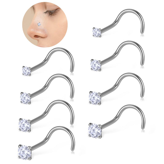 Tucnoeu 8pcs Nose Rings Stud Surgical Steel Nose Studs Silver Corkscrew Noses Studs Jewelry for Women Men,Top Size 1.5mm 2mm 2.5mm 3mm