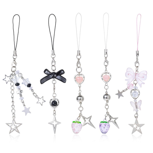 Tucnoeu 5pcs Phone Case Charms,Bow,Strawberry,Star Pattern Phone Charm,Bracelet Phone Lanyard,for Phone Bag Camera Pendants Decor