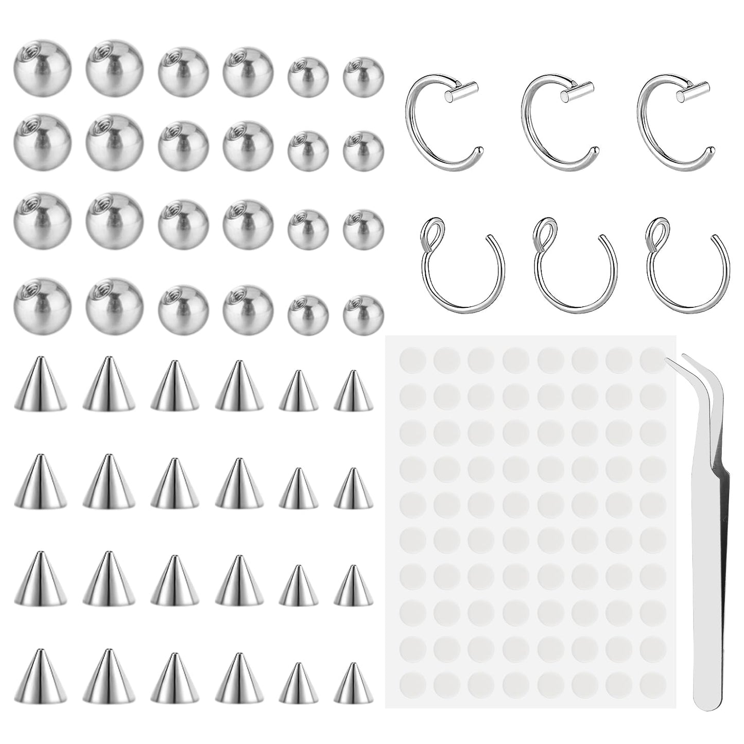 Lusofie 54 PCS Fake Piercings Set Silver Fake Nose Studs Fake Nose Ring Fake Eyebrow Piercing,Stainless Steel Fake Nose Piercing Jewellery Replacement Balls Fake Lip Piercing 3mm/4mm/5mm