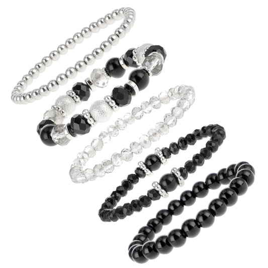 Yolev Beaded Pearl Stretch Bracelet Silver Stackable Crystal Beads Bracelets Trendy Costume Jewelry Bead Bracelets Set Black Jewelry Accessories for Birthday Party Vacation Decor Friendship Bridal Gif