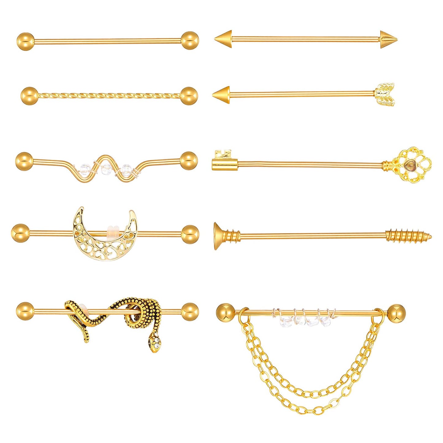 Tucnoeu 10Pcs 14G Industrial Piercing Stainless Steel Industrial Earrings Barbell, 38MM Gold Tone, Snake, Spike, Arrow, Braided Bar, Key Design Cartilage Helix Piercing Jewelry for Women Men