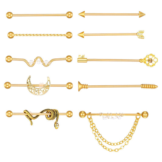 Tucnoeu 10Pcs 14G Industrial Piercing Stainless Steel Industrial Earrings Barbell, 38MM Gold Tone, Snake, Spike, Arrow, Braided Bar, Key Design Cartilage Helix Piercing Jewelry for Women Men