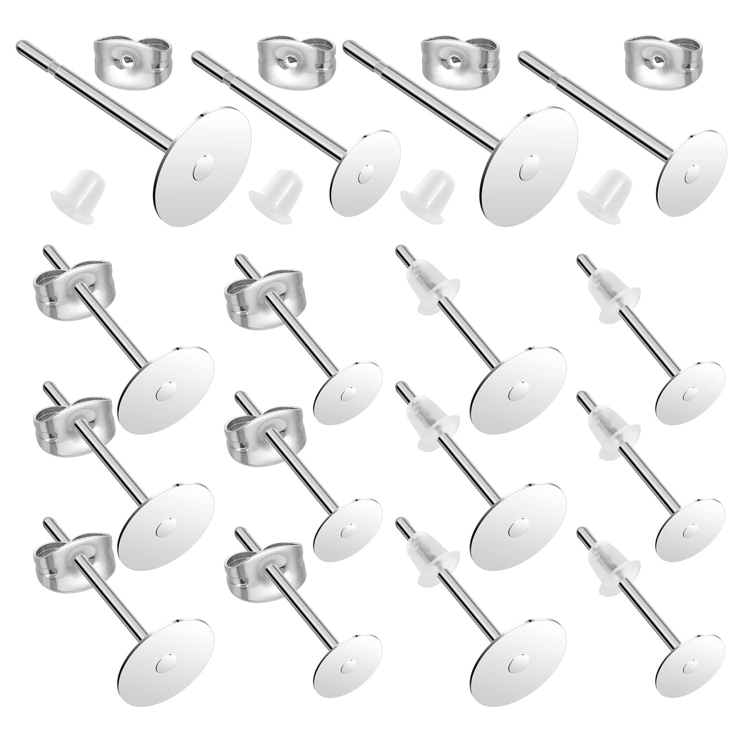 Yolev 450Pcs Earring Posts Stainless Steel Hypoallergenic,4mm/6mm Steel Flat Pad Earring Studs, Butterfly and Clear Rubber Earring Backs for Jewelry Making DIY (Steel Color)