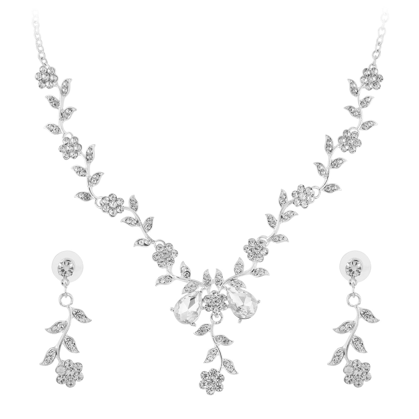 Bridal Necklace and Earring Sets Silver Wedding Jewelry Sets for Women Leaf Cluster Flower Crystal Necklace Earrings Set for Formal Wedding Bride Bridesmaids Accessories Sparkly Rhinestone Necklace