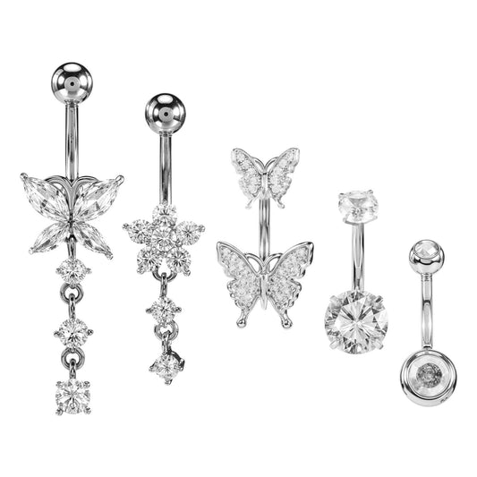 Tucnoeu 5pcs Belly Button Bars Set,Belly Button Piercing with Sterling Silver Finish,Surgical Steel Belly Bars for Women,Hypoallergenic Dangly Belly Button Bars Jewelry
