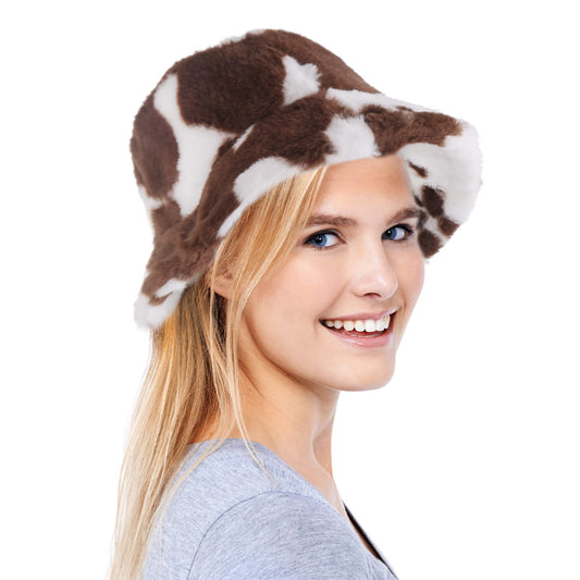 Lusofie Winter Fluffy Faux Fur Bucket Hats Furry Bucket Hat Plush Fisherman Hat Fuzzy Warm Hat for Women (Milk Cow Print)