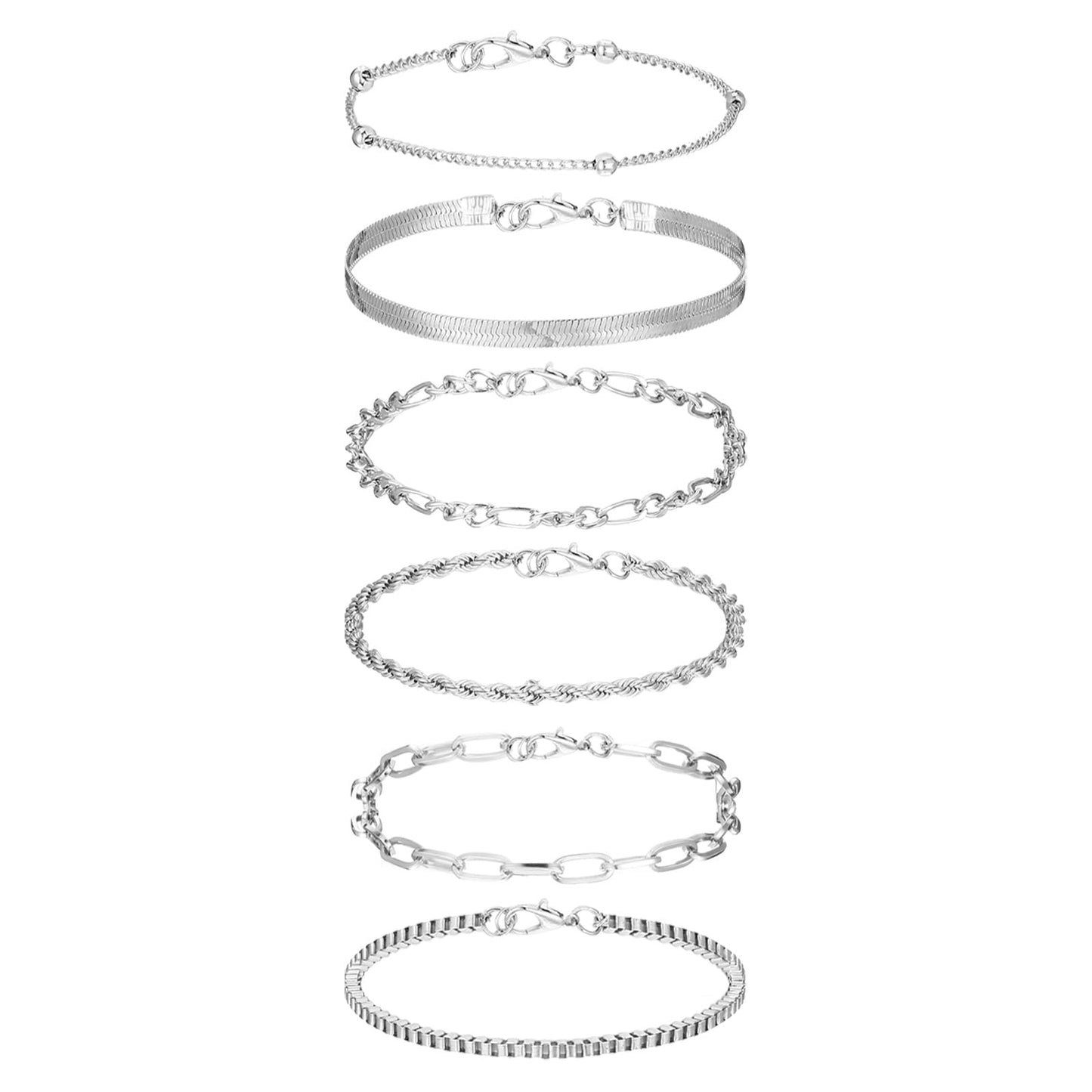 Josojoou Silver Bracelets for Women 14k Real Silver Plated Bracelet Fashion Stackable Chain Bracelet Adjustable Silvery Jewelry Set Gift for Women