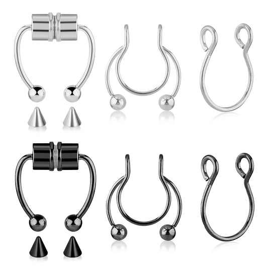 Yolev 6 Pieces Nose Rings Fake Nose Ring Magnetic Septum Fake Nose Ring Fake Nose Ring Hoop Stainless Steel Ring Magnetic Septum Fake Nose Ring Septum Ring Faux for Women Fake
