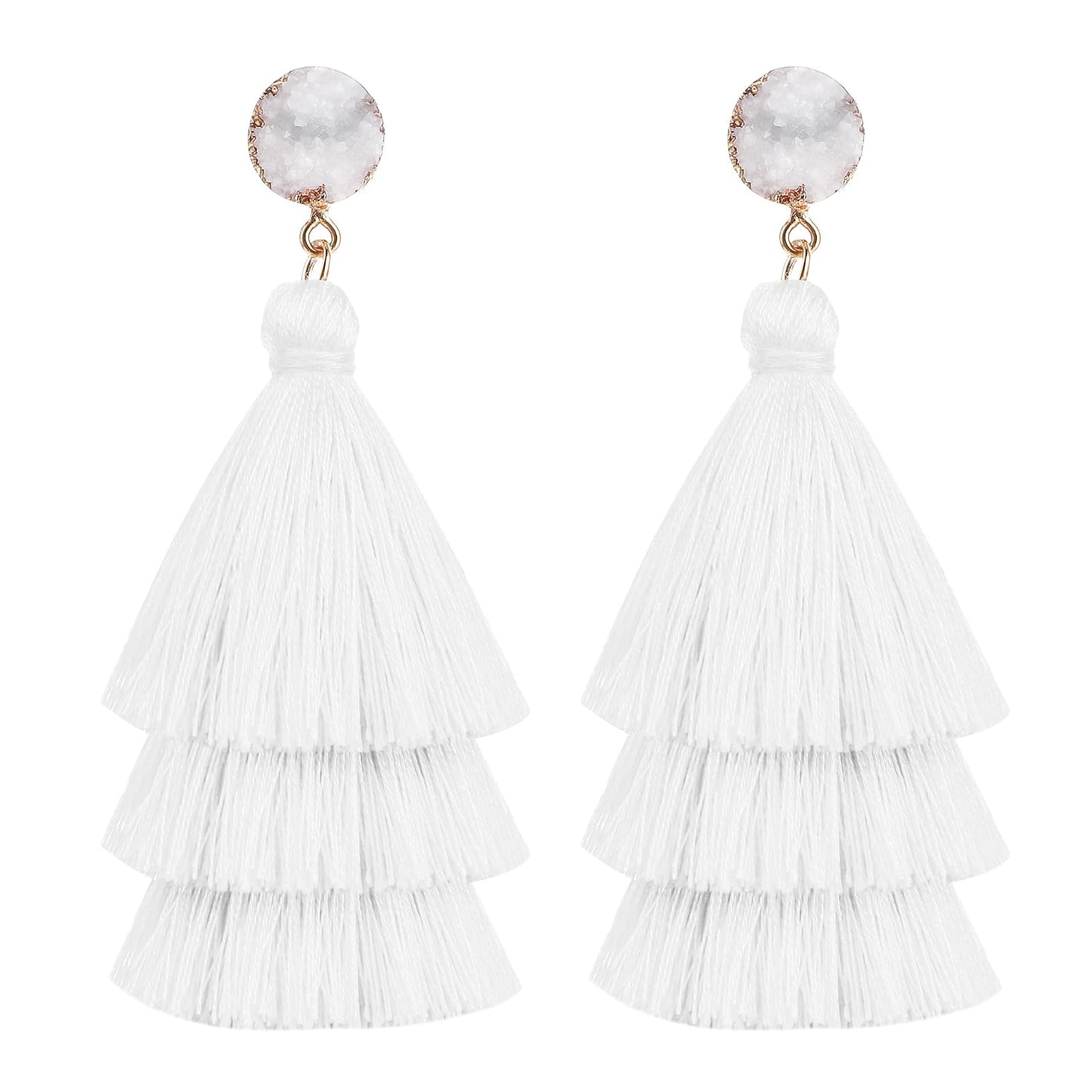 Yolev Layered Tassel Earrings Bohemian Tiered Tassel Thread Earrings Fringe Dangle Drop Earrings for Women Teen Girls (White)