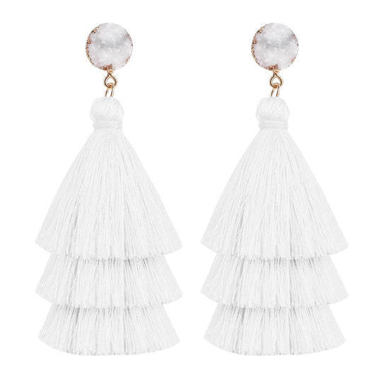 Yolev Layered Tassel Earrings Bohemian Tiered Tassel Thread Earrings Fringe Dangle Drop Earrings for Women Teen Girls (White)