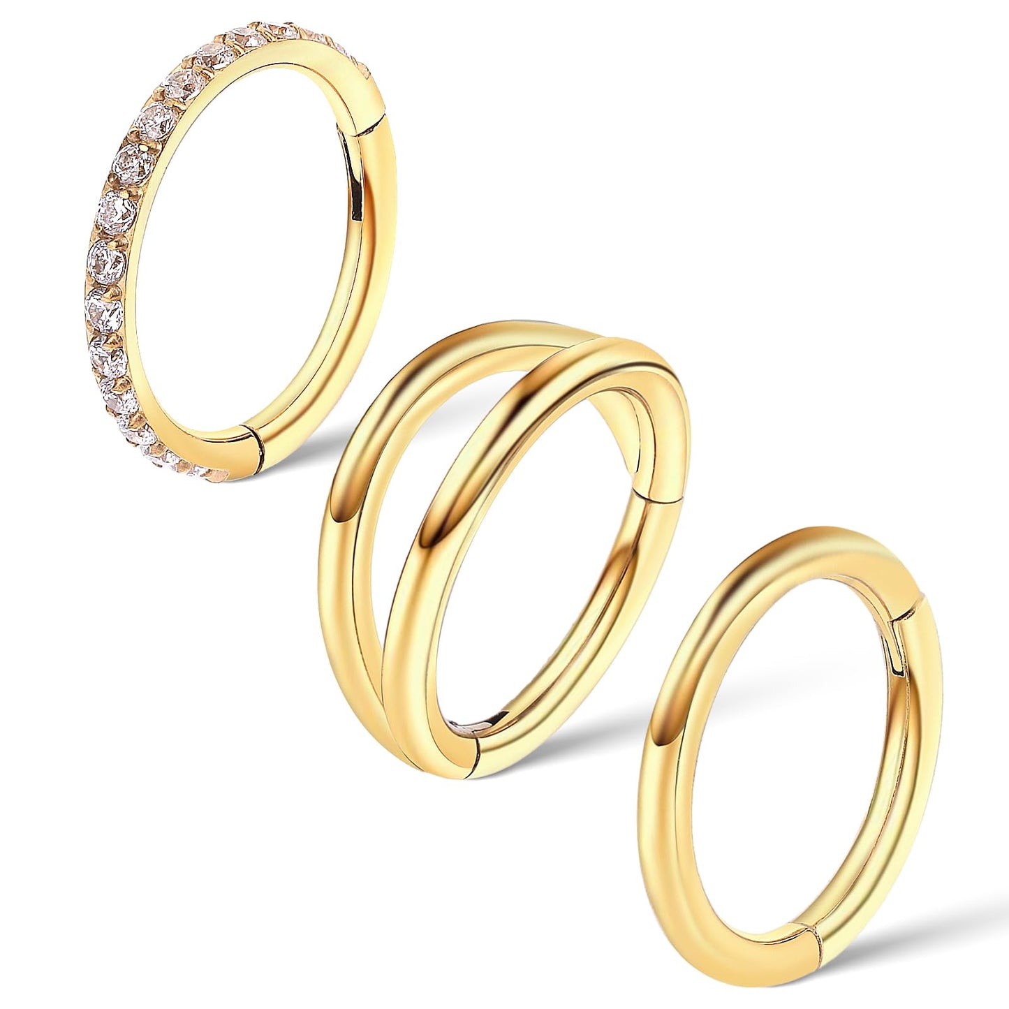 Lusofie 3Pcs Gold Hoop Nose Ring Surgical Steel Helix Conch Hoop Earring 16G Septum Hinged Clicker Cartilage Lip Earring Hoops Piercing Jewelry for Women(8mm)