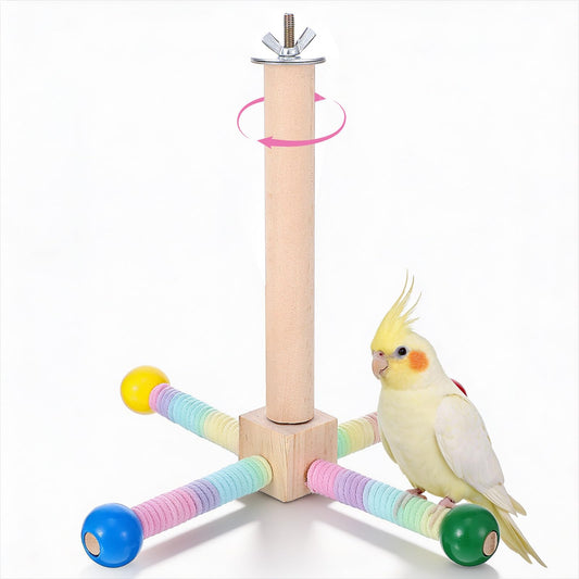 HaiFafafaing Rotating Parrot Perch Toy with Chew Ball - Bird Cage Accessories for Small and Medium Birds - Natural Wood and Cotton Rope Parakeet Toys and Accessories