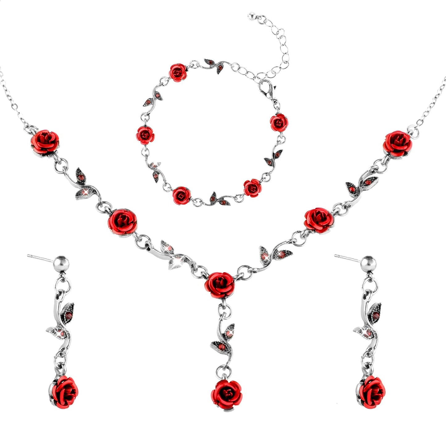DIVINA VITAE 3Pcs Set Red Rose Jewelry - Rose Flower Pendant Necklace, Bracelet Dangle Earrings. Jewelry Sets for Women and Girls Wedding Prom Rose Necklace Valentine's Day Red Jewelry Birthday Party