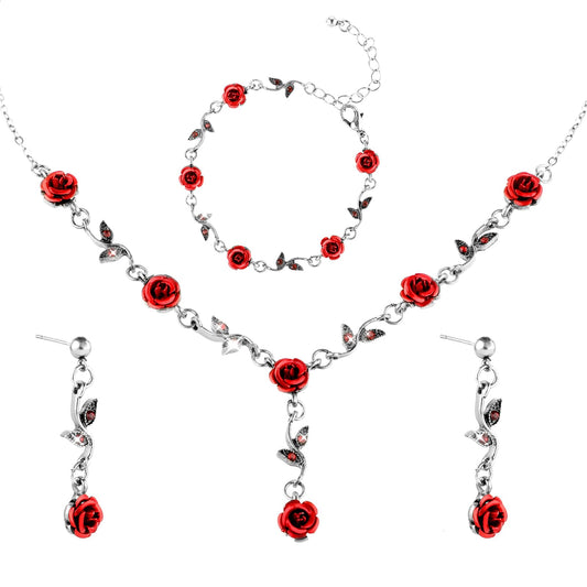 DIVINA VITAE 3Pcs Set Red Rose Jewelry - Rose Flower Pendant Necklace, Bracelet Dangle Earrings. Jewelry Sets for Women and Girls Wedding Prom Rose Necklace Valentine's Day Red Jewelry Birthday Party