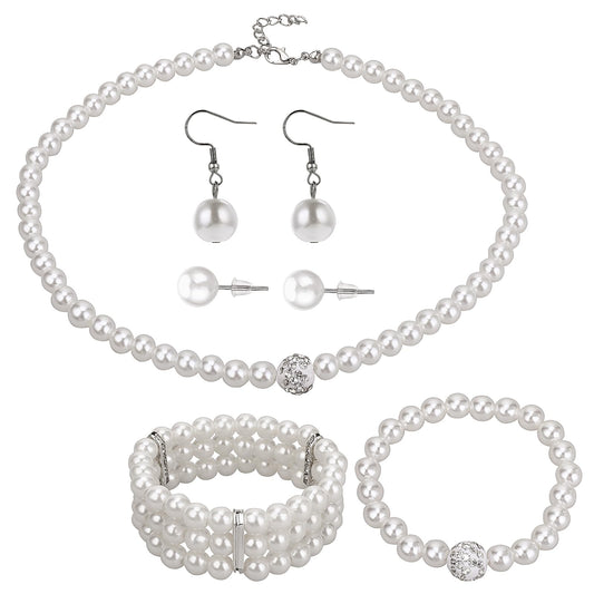 DIVINA VITAE 5 Piece Pearl Necklace and Bracelet Set Pearls Necklace Set for Women Simulated White Pearl Necklace and Earring Set Pearl Necklace Bracelet Earrings Set for Wedding Birthday Party Gift