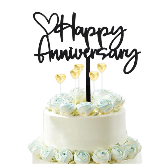 Happy Anniversary Cake Topper Black Happy Anniversary Cake Decorations with 5 Gold Heart Sticks Feliz Aniversario Decoration for Wedding Company Anniversarys Party Decoration