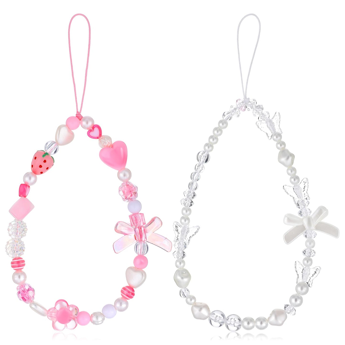 Josojoou 2PCS Beaded Phone Charms Strap, Strawberry Pearl Bow Beaded Phone Keychain, Cute Elegant Cell Phones Wrist Strap for Decorating Phones, Keys, and Backpacks, Gift for Women