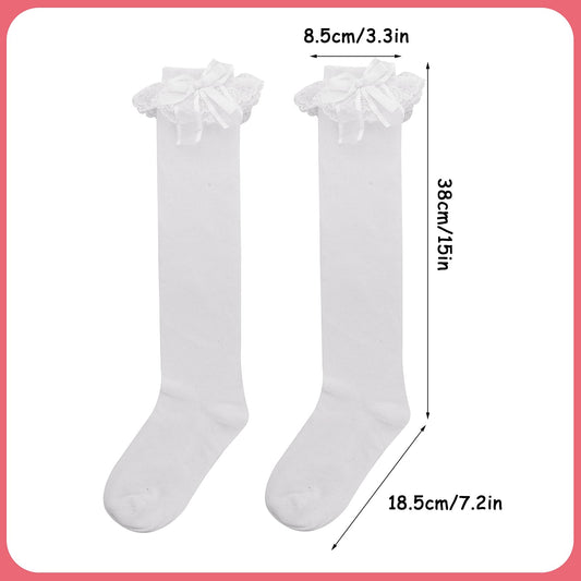 White Knee High Socks Cute Lace Knee High Socks For Women Girl with Lace Ruffle Trim and Bow-knot Soft Princess Loli Sock for Loli Clothing Accessories