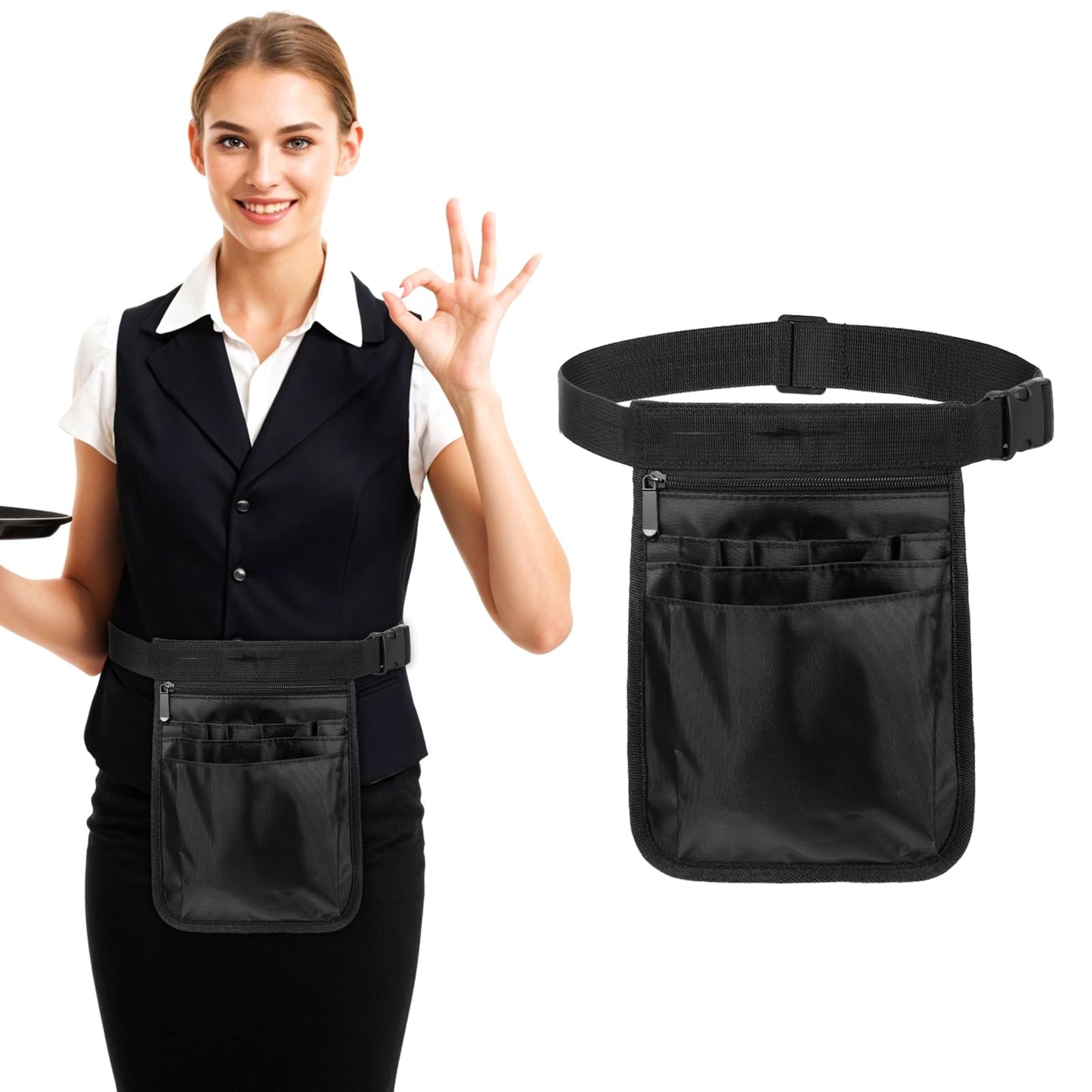Meyeyaia Server Pouch,9.84x7.08inch Server Aprons with Adjustable Belt, Black Servers Apron with Multi Compartment for Restaurants Hotels Bars Care Kit Tool