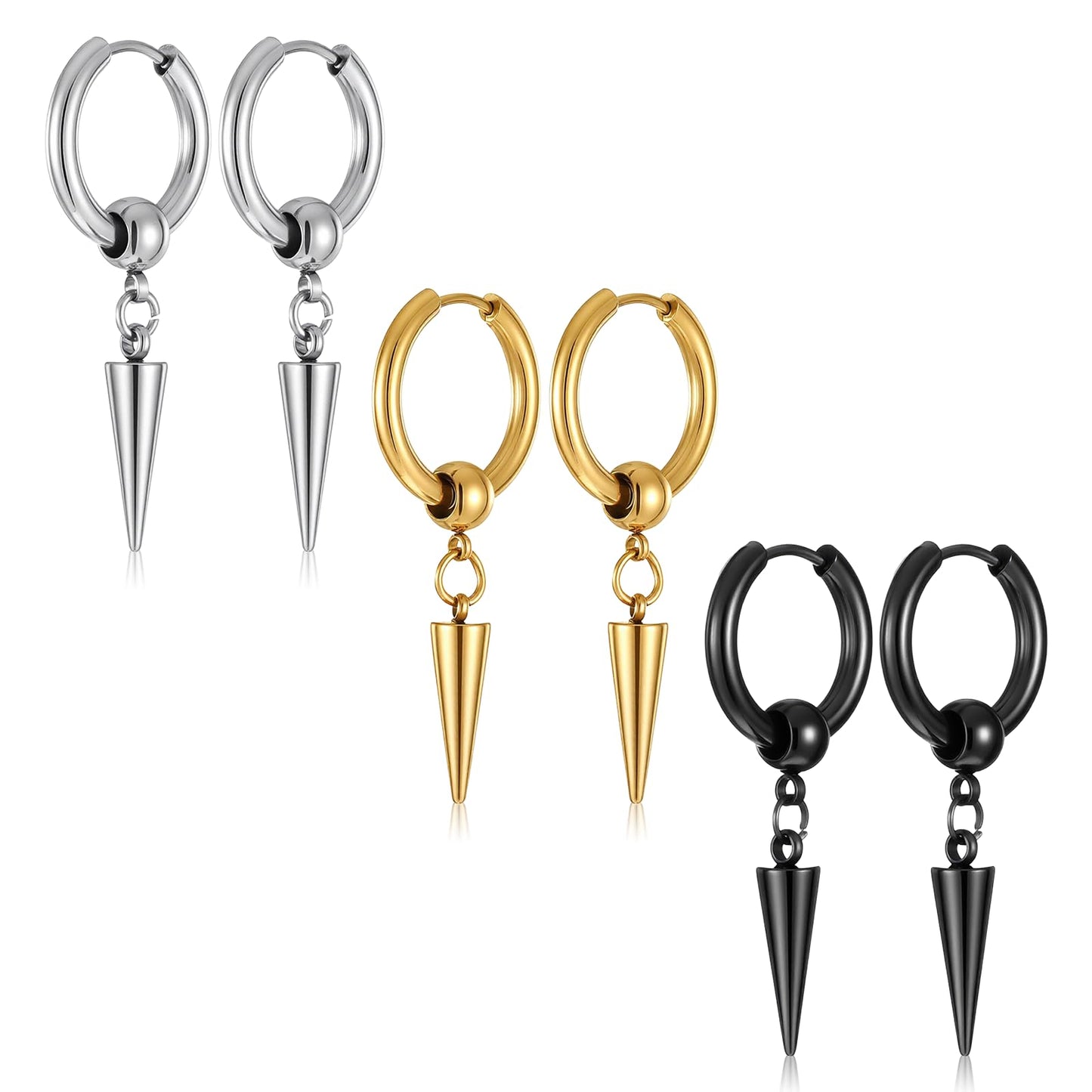 3Pairs Punk Gothic Spike Dangle Drop Hoop Earrings for Women Men