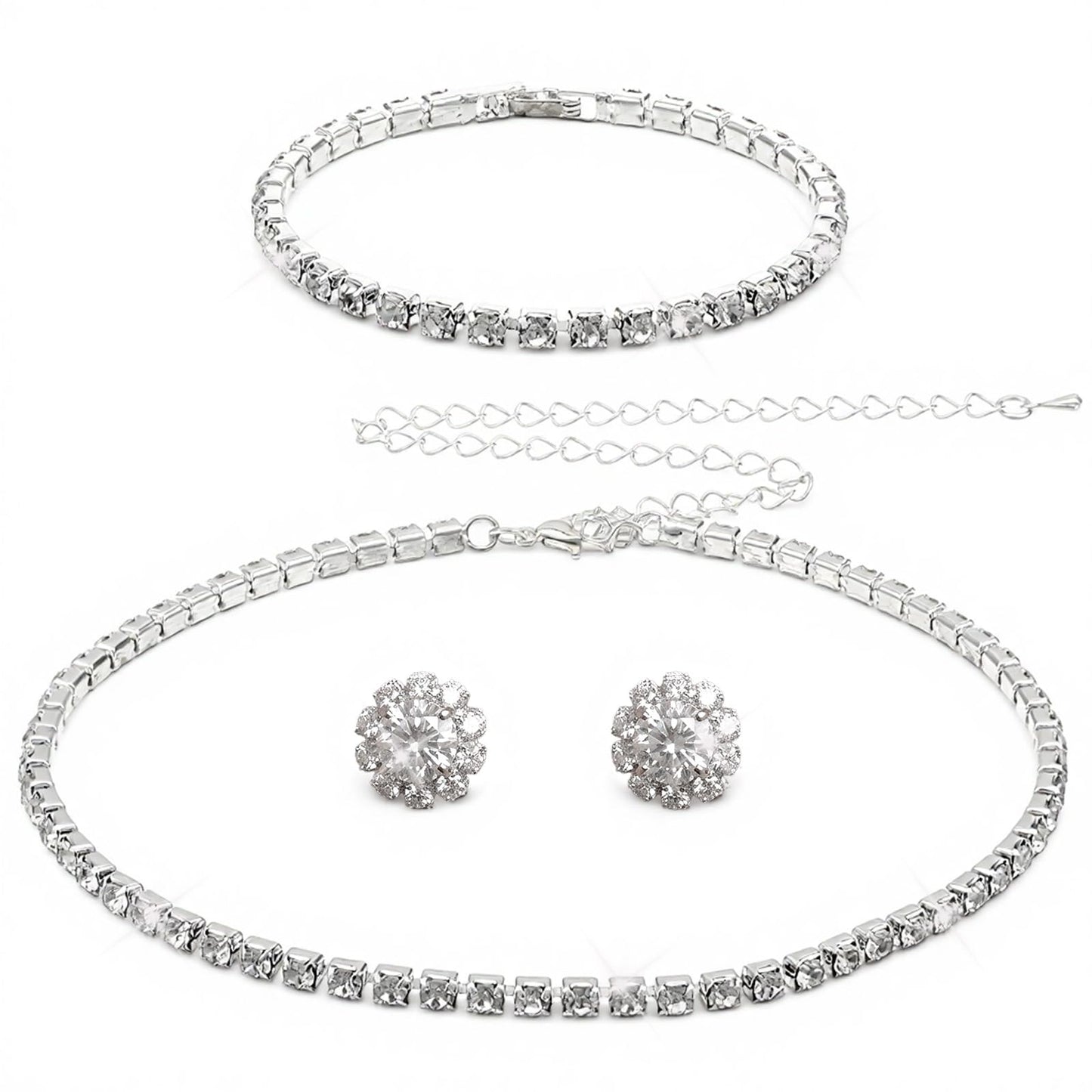 Ziuohaa Bridal Jewelry Set for Wedding - Elegant Rhinestone Necklace Earrings Bracelet for Women - Silver Bridesmaid Bridal Wedding Jewelry Sets Formal Costume Accessories for Women