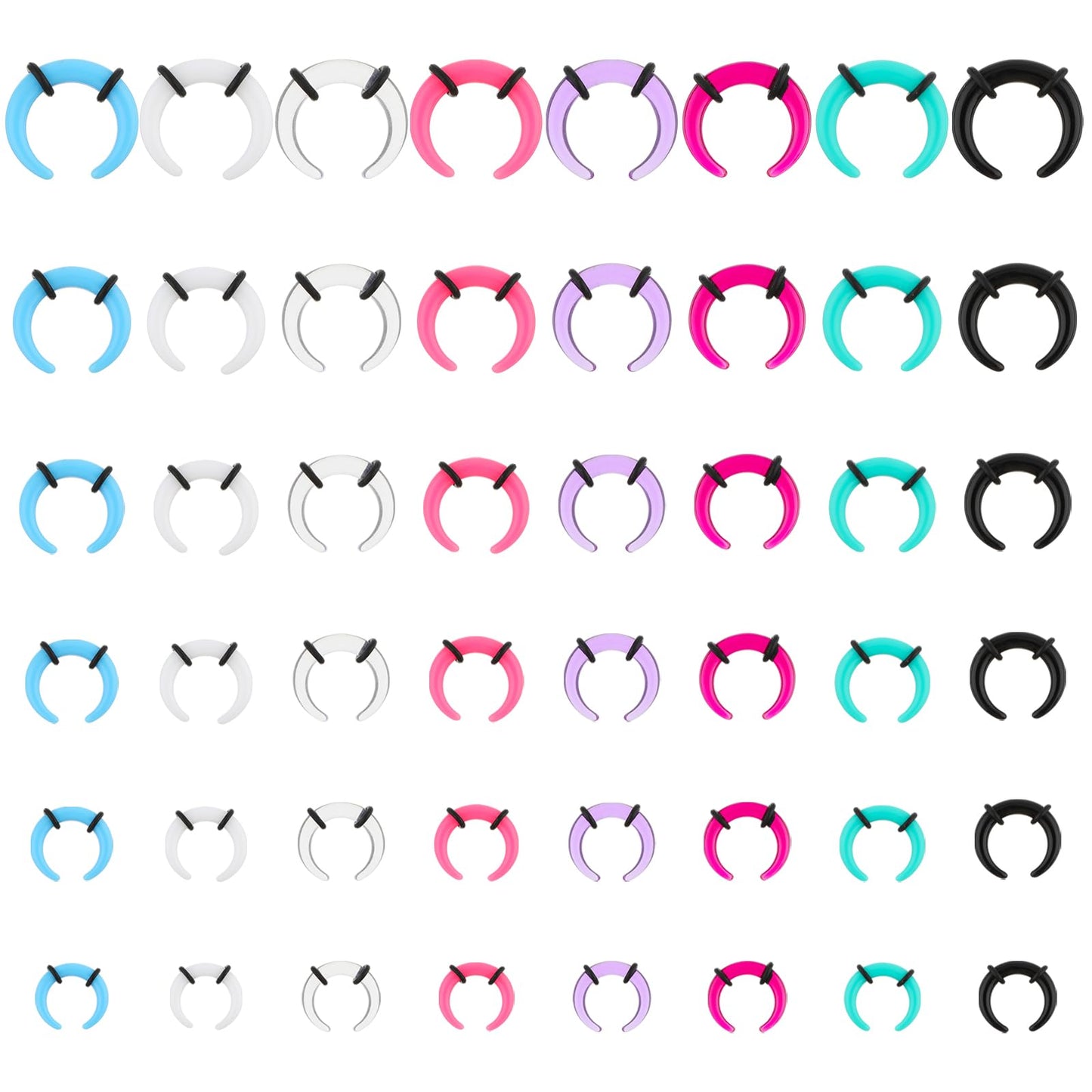 Acrylic Septum Stretching Kit 48Pcs 14G 12G 10G 8G 6G 4G Septum Pincher 8 Colors Septum Gauge Kit with Black O-Rings Buffalo Horseshoe Nose Ring for Stretching Pierced Nose Ear
