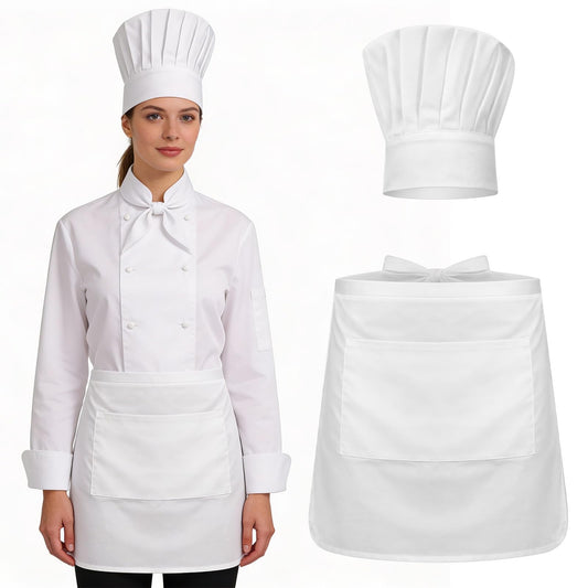 Josojoou 2Pack Chef Costume Men White Chef Apron and Hat Adjustable Bib Cooking Half Aprons Tall Chefs Hat for Cooking, Grilling, Baking