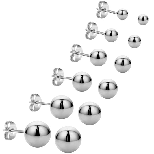 6 Pairs Stainless Steel Round Ball Stud Earrings Silver Stud Earrings Tiny Stud Earrings Cartilage Earrings Helix Ear Piercing Earrings for Women Men (0.3cm-0.8cm)