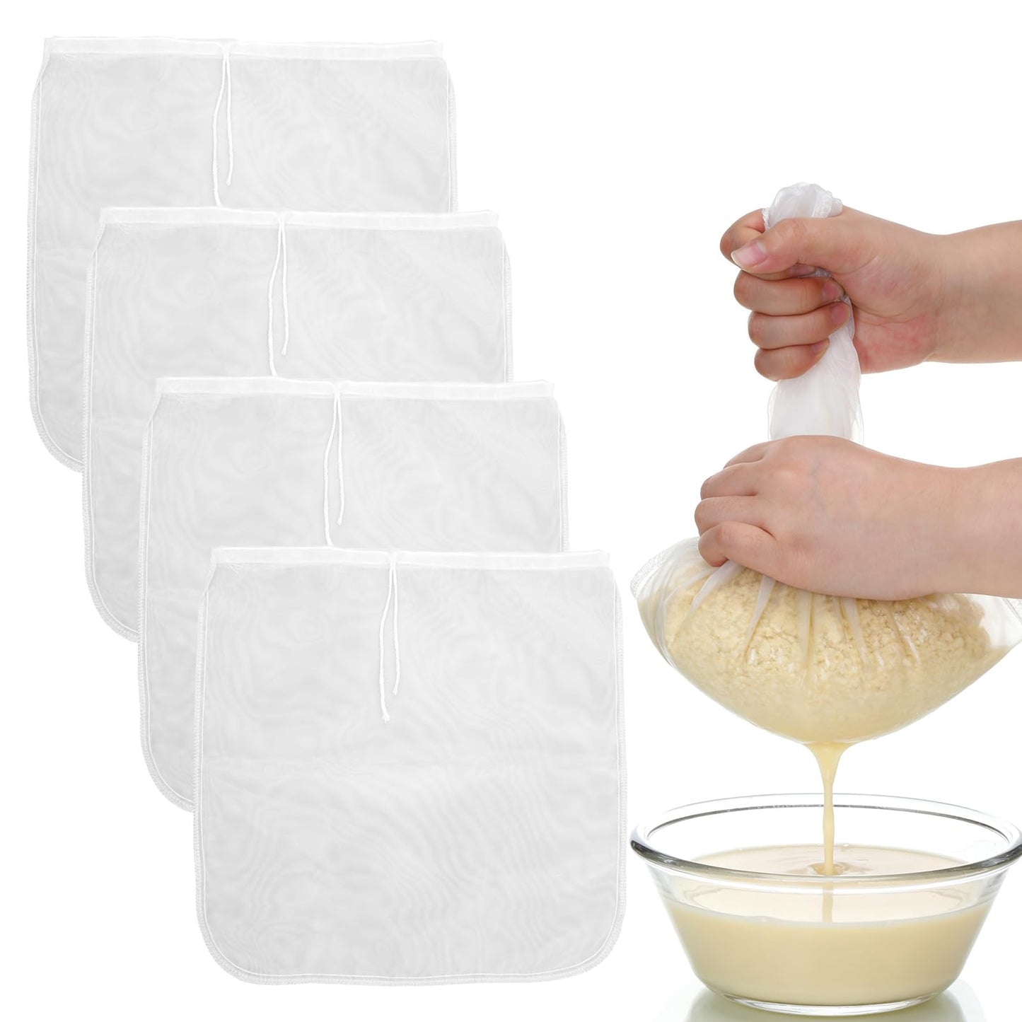 Professional Nut Milk Bag 4-Pack, 14"x14" Extra Large Nut Bag Strainer - Food Grade Fine Mesh Strainer Bags for Almond Milk, Cold Brew Coffee, Greek Yogurt, Juicing - Reusable, Easy Clean