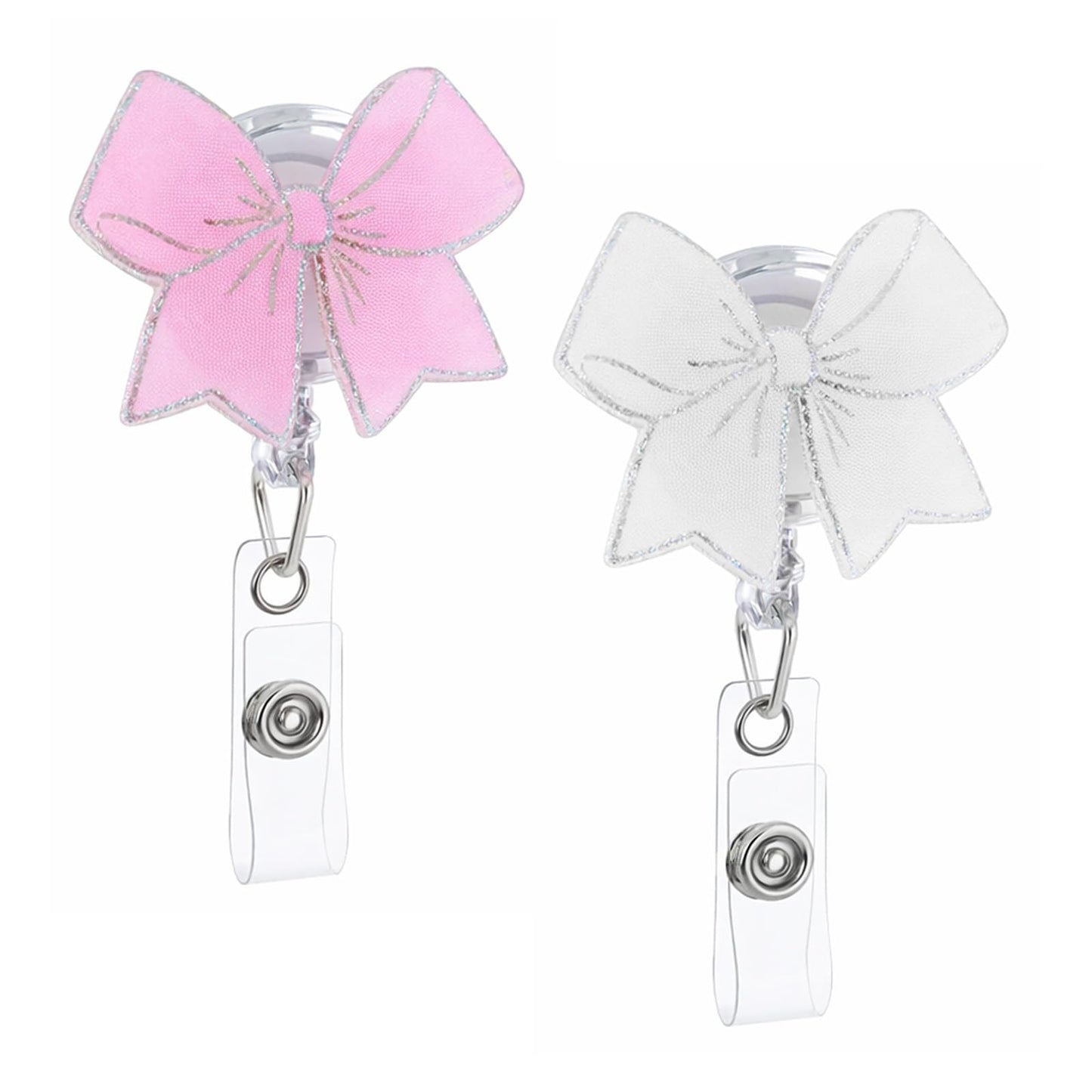2PCS White Pink Bow Nursing Badge Reel, Cute Retractable Bow Badge Reel