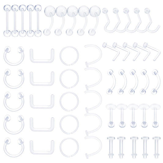 Yolev 55 Pcs Clear Nose Studs, Acrylic Piercing Retainer Set, Flexible Nose Septum Lip Ear Eyebrow Nipple Tongue Belly Button Rings Cartilage Tragus Earrings Retainer