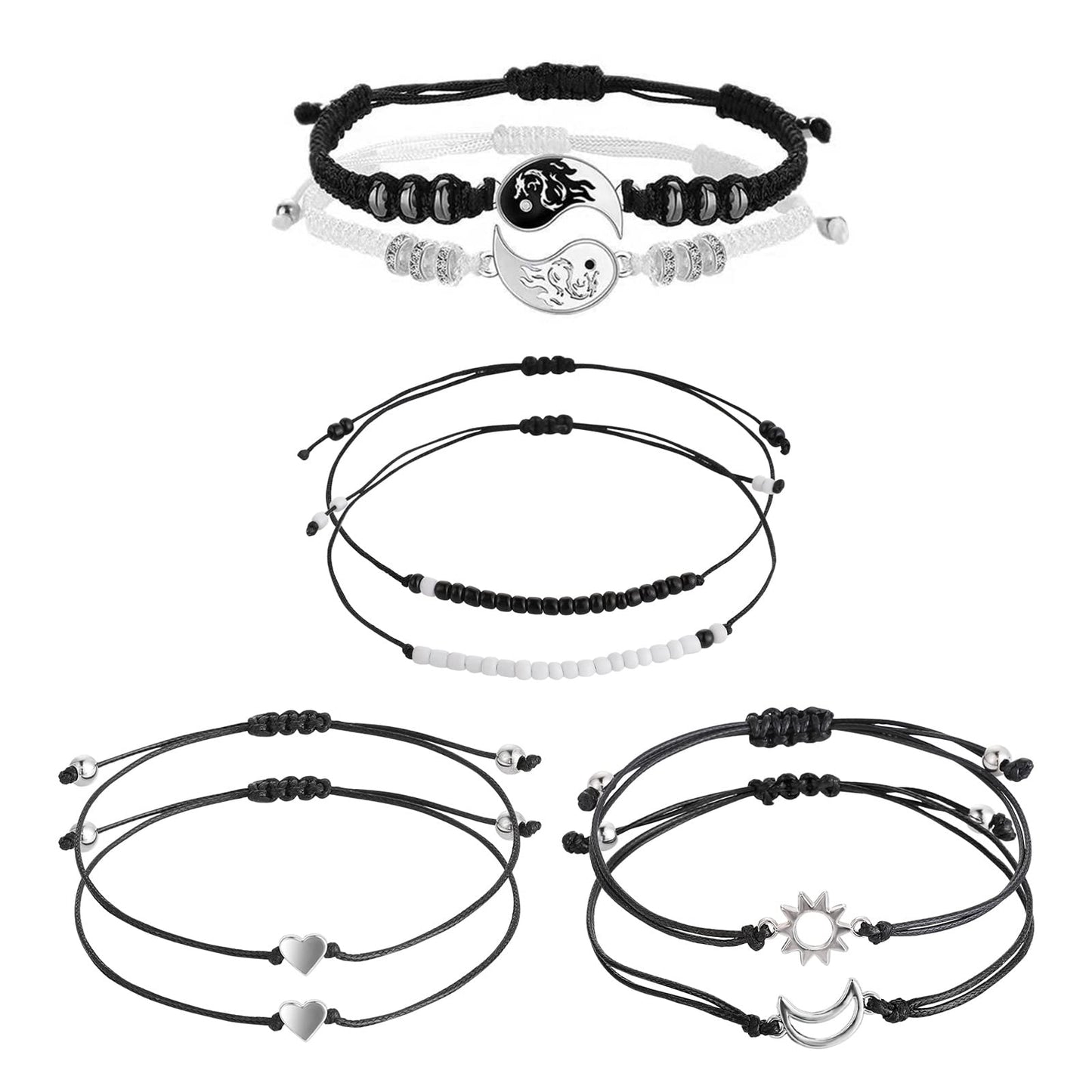 Yolev 8 Pieces Matching Yin Yang Adjustable Cord Bracelet Black and White Bracelet Sun Moon Bracelet for Friendship Relationship Boyfriend Girlfriend