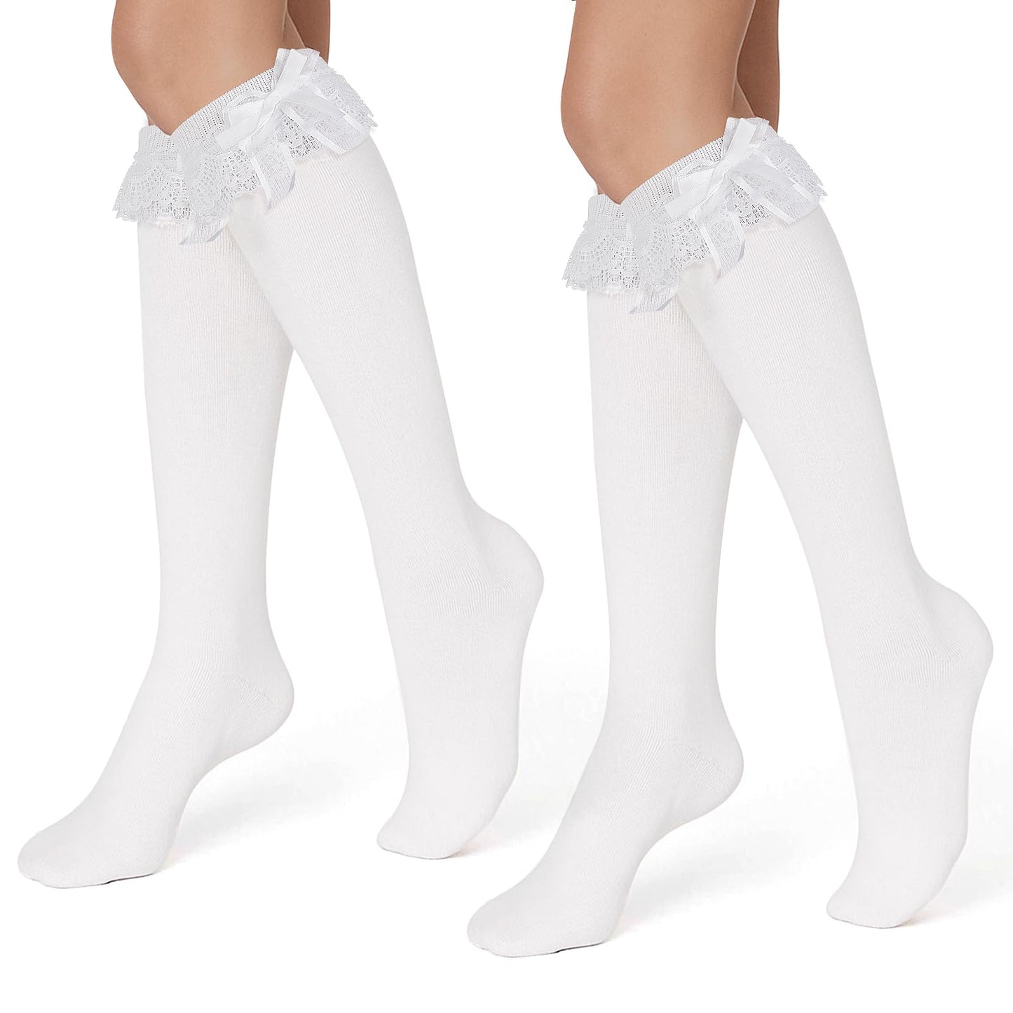 Lusofie 2 pairs Lace Knee High Socks Cute White Knee High Socks For Women Girl with Lace Ruffle Trim and Bow-knot Soft Princess Loli Sock for Loli Clothing Accessories