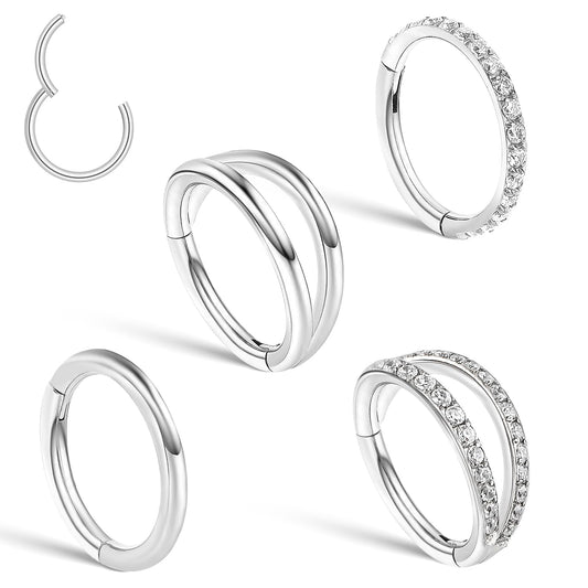 HaiFafafaing 4 Pcs Nose Hoop Surgical Steel Helix Conch Hoop -18G Earring Hinged Clicker Nose Ring for Women - Silver Clicker Lip Septum Rings Daith Rook Piercing Jewelry Earrings Tragus 8mm