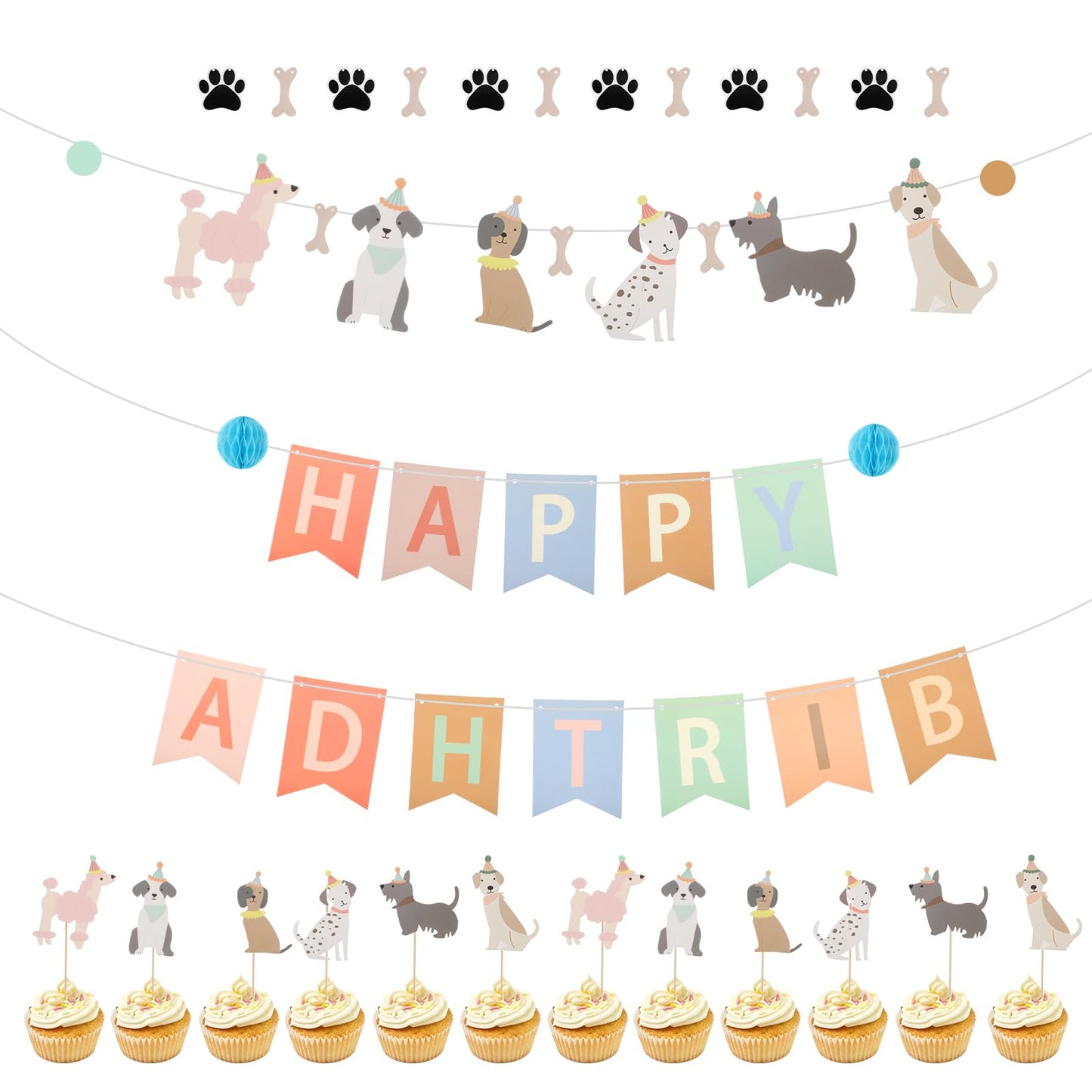 Dog Party Decorations - Dog Birthday Banner, 12Pcs Puppy-Shaped Birthday Cake Topper, 12Pcs Bone and Claw Shapes Puppy Birthday Decorations for Puppy Dog Birthday Party Decorations