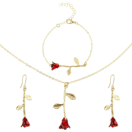 Rose Gold Jewelry Set for Women Vintage Rose Necklace Red Rose Earrings and Bracelet 4Pcs Gold Plated Jewelry Set for Valentine's Day Party Gifts