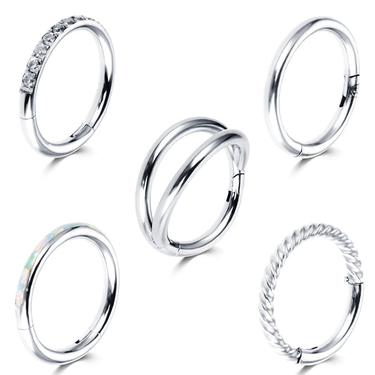 Yolev 5Pcs 18G Nose Rings Hoops Hinged Clicker Septum Ring CZ Tragus Cartilage Double Nose Ring Silver Nose Body Piercing Jewelry for Women Men(10MM)