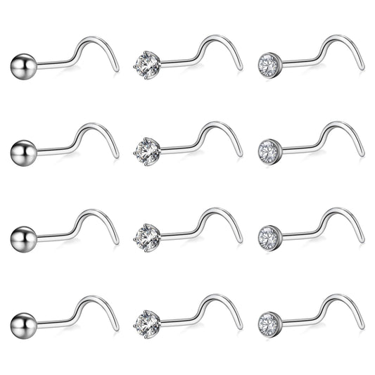 9PCS Stainless Steel Nose Screw Nose Studs with Cubic Zirconia Nose Piercing Jewelry for Women Men