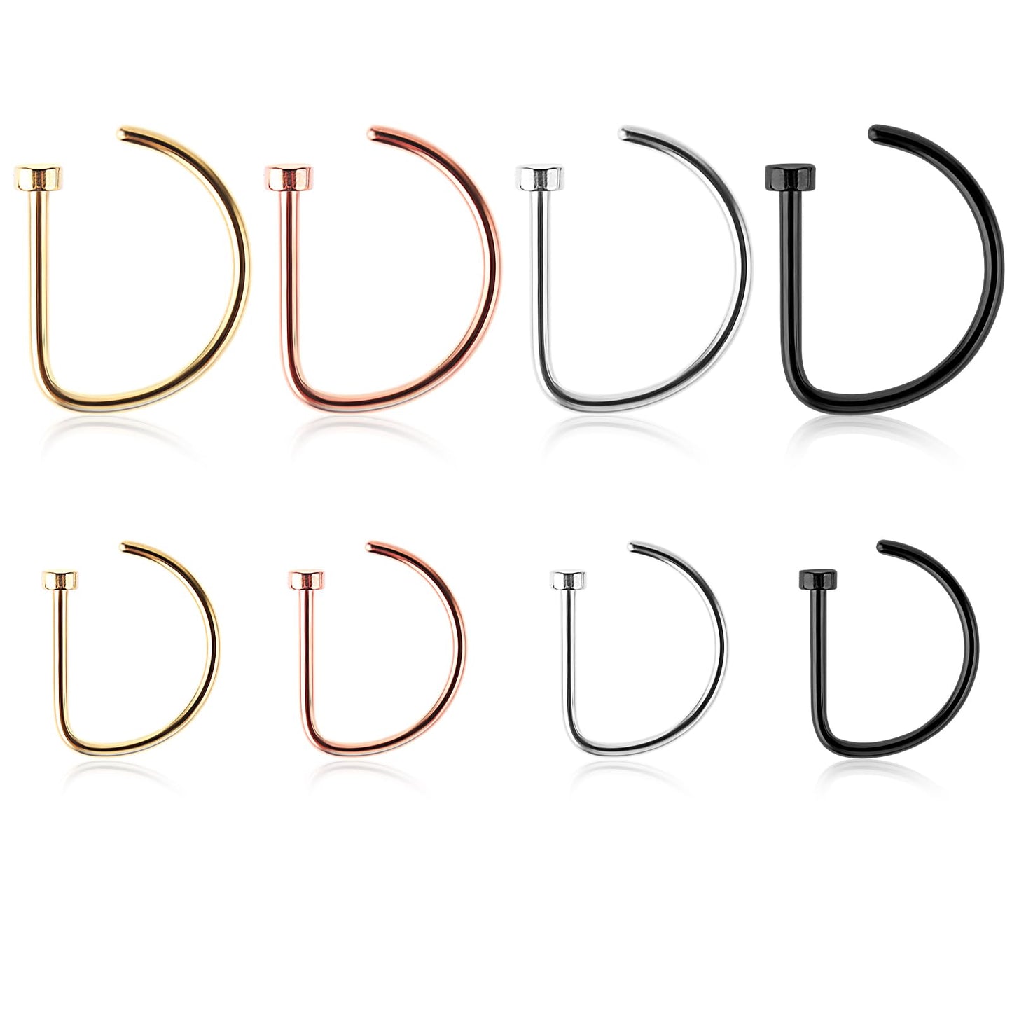 Yolev 8Pcs Fake Nose RingsNose Ring Hoop D Shaped Screw Nose Studs Diamond Small Piercing Jewelry Nose Hoop for Faux Lip Septum Nose Ring Set