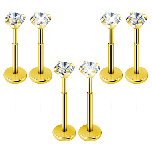 6Pcs Tragus Piercing Jewelry for Women Surgical Steel Flatback Stud Earrings, Hypoallergenic Threadless Push in Nose Rings for Cartilage Earring (Gold)