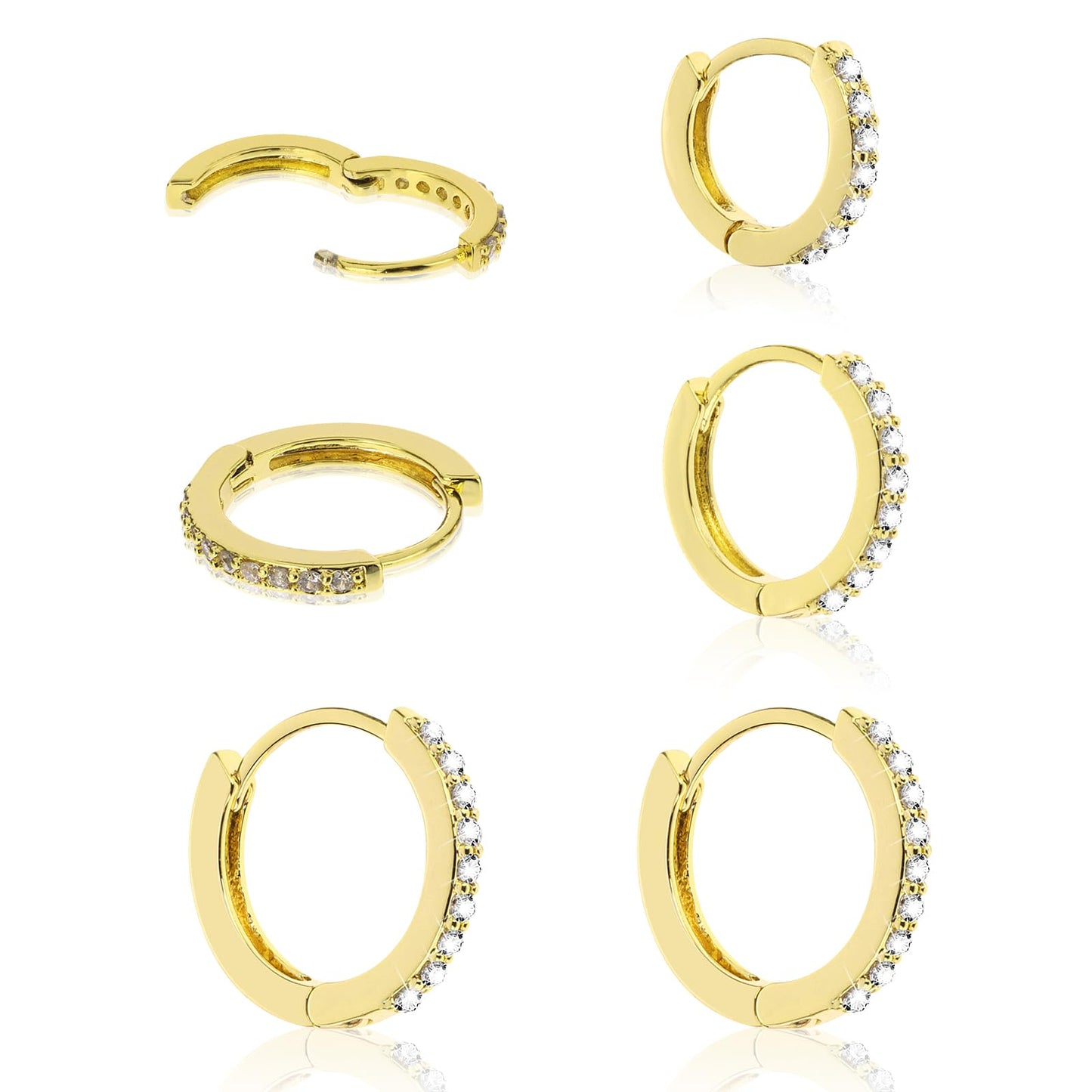 Yolev 3 Pairs Gold Small Hoop Earrings Set Cubic Rhinestones Hoop Earrings Gold Huggie Earrings for Women(8mm 10mm 12mm)