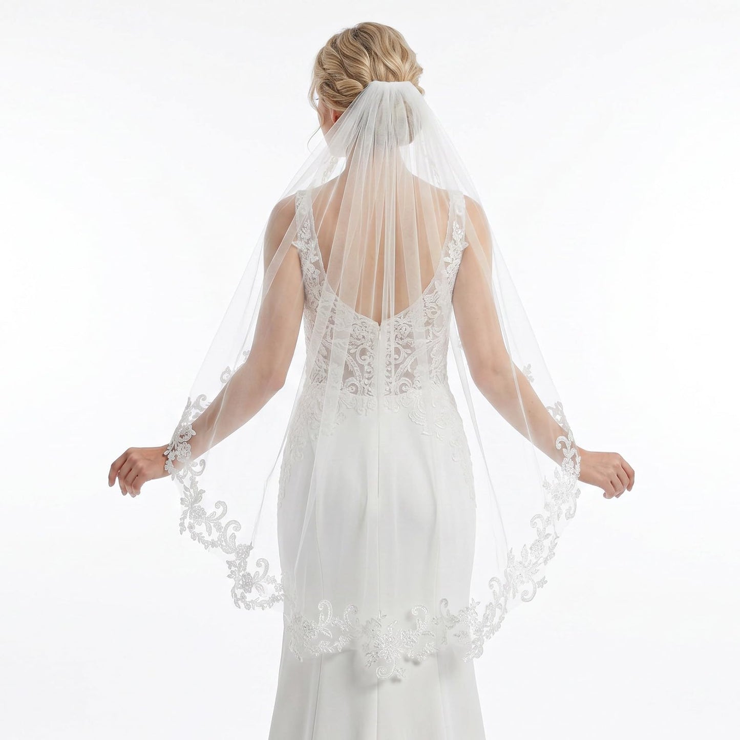 Wedding Bridal Veil with Comb, 1 Tier Fingertip Floral Edge Bridal Veil
