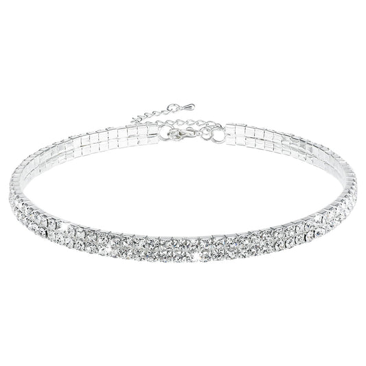 Yolev 2 Row Rhinestone Choker Necklace Silver Diamond Necklaces Sparkly Crystal Necklace Chain Jewerly Party Prom Accessories for Women and Girls