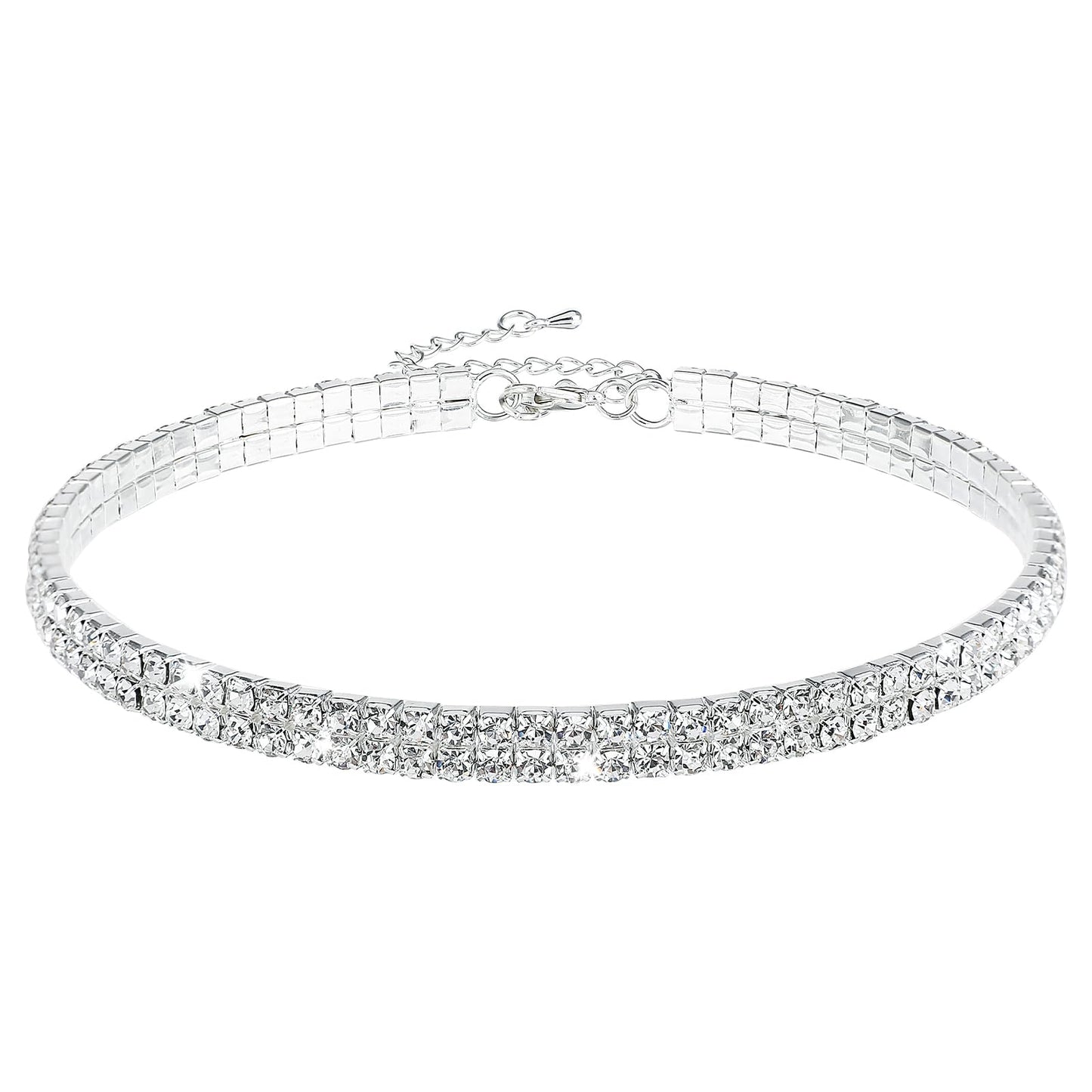 Yolev 2 Row Rhinestone Choker Necklace Silver Diamond Necklaces Sparkly Crystal Necklace Chain Jewerly Party Prom Accessories for Women and Girls