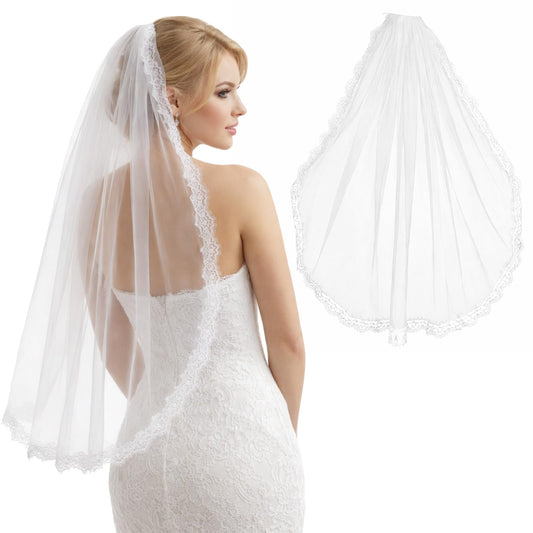 Bridal Veil, Lace Veil Lace Wedding Veil with Metal Comb, White Veil Bridal Veils for Women Wedding