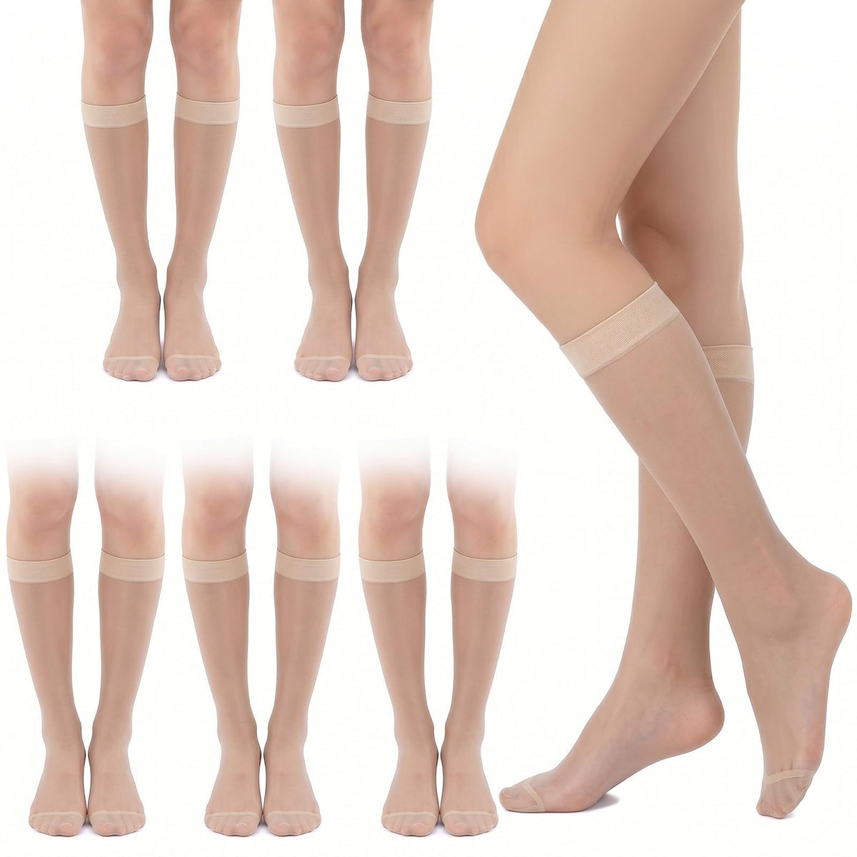 Neyauo 6 Pairs of Nylon Knee Stockings for Women, Colour Nylon Stockings, Transparent Silk Stockings, Women, 20 Denier Fine Stockings, Knee High Socks, Nylon Stockings