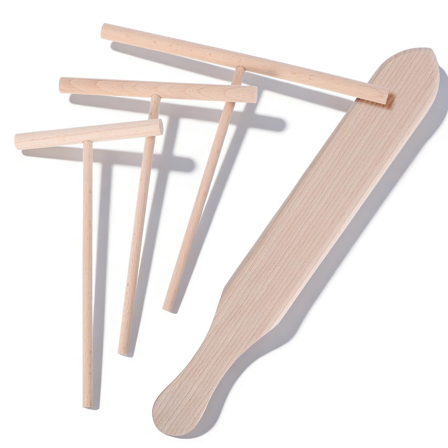 4Pcs Natural Wood crepe spatula And Spatula Kit - 3 Size T-Shaped crepe spreader & Thin Turner For Pancake Crepe Maker - 3.5 Inch, 5 Inch, 7 Inch