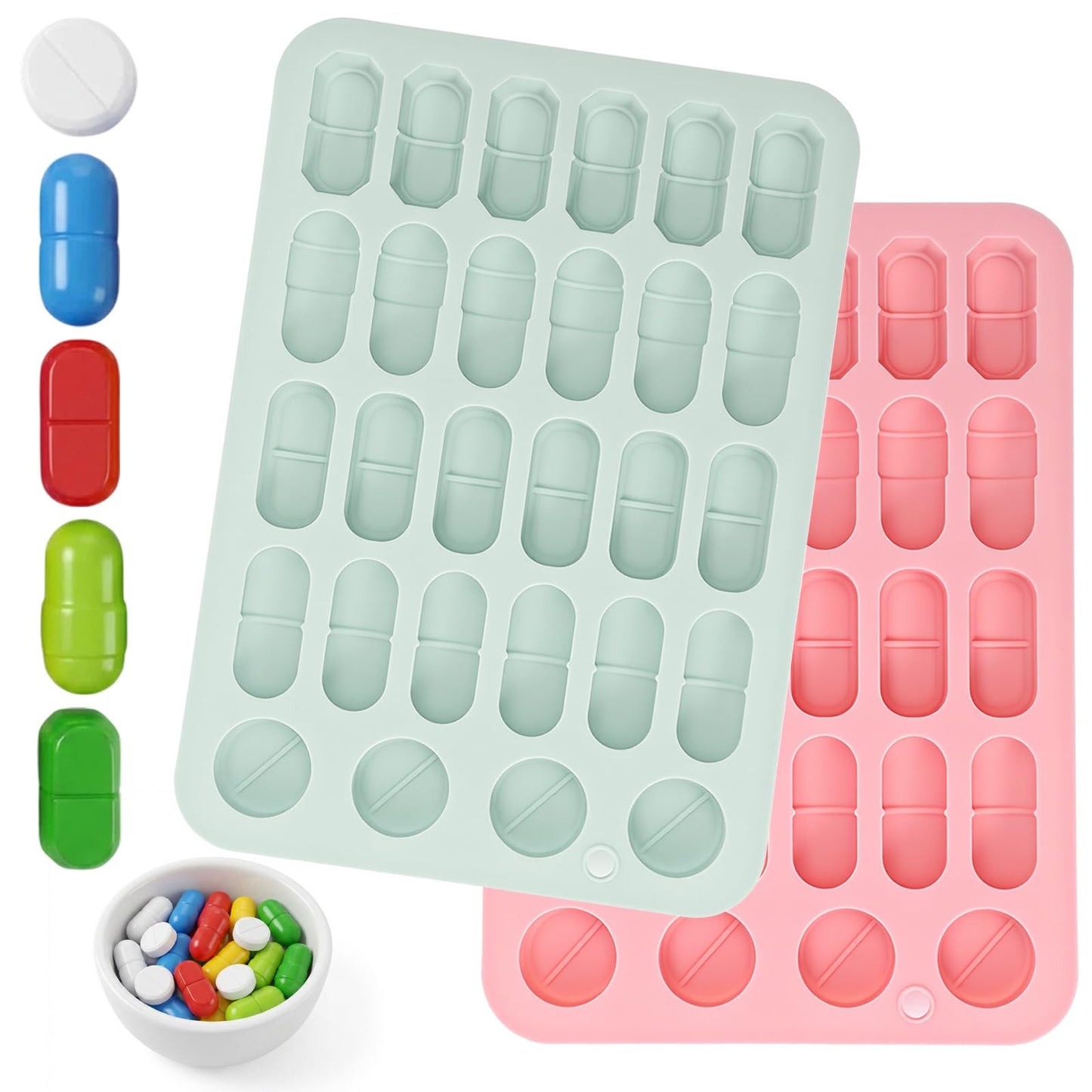 2 Pack Silicone Pill Mold Trays for Making Pills, 5 Sizes Molde Para Pastillas Capsule Shaped Candy Molds Suppository Molds for Chocolate Ice Cube Gummy Candies Jellies