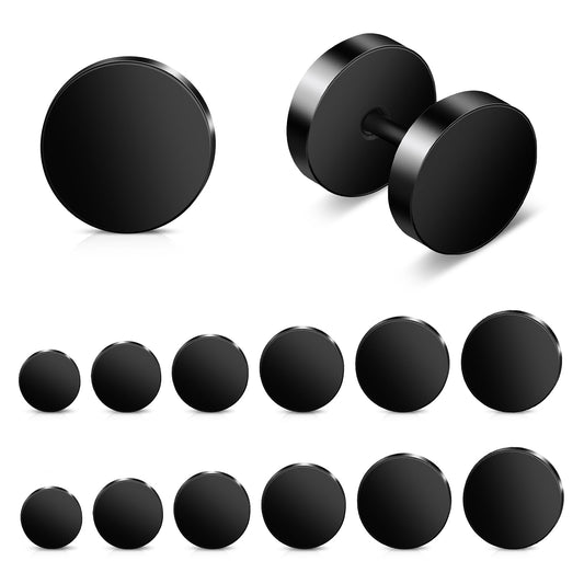 6 Pairs Black Stud Earrings Fake Gauges Stainless Steel Stud Earrings Black Earring Studs for Men Women 4-10mm, 0.15in 0.19in 0.23in 0.27in 0.31in 0.39in, Stainless Steel, No Gemstone